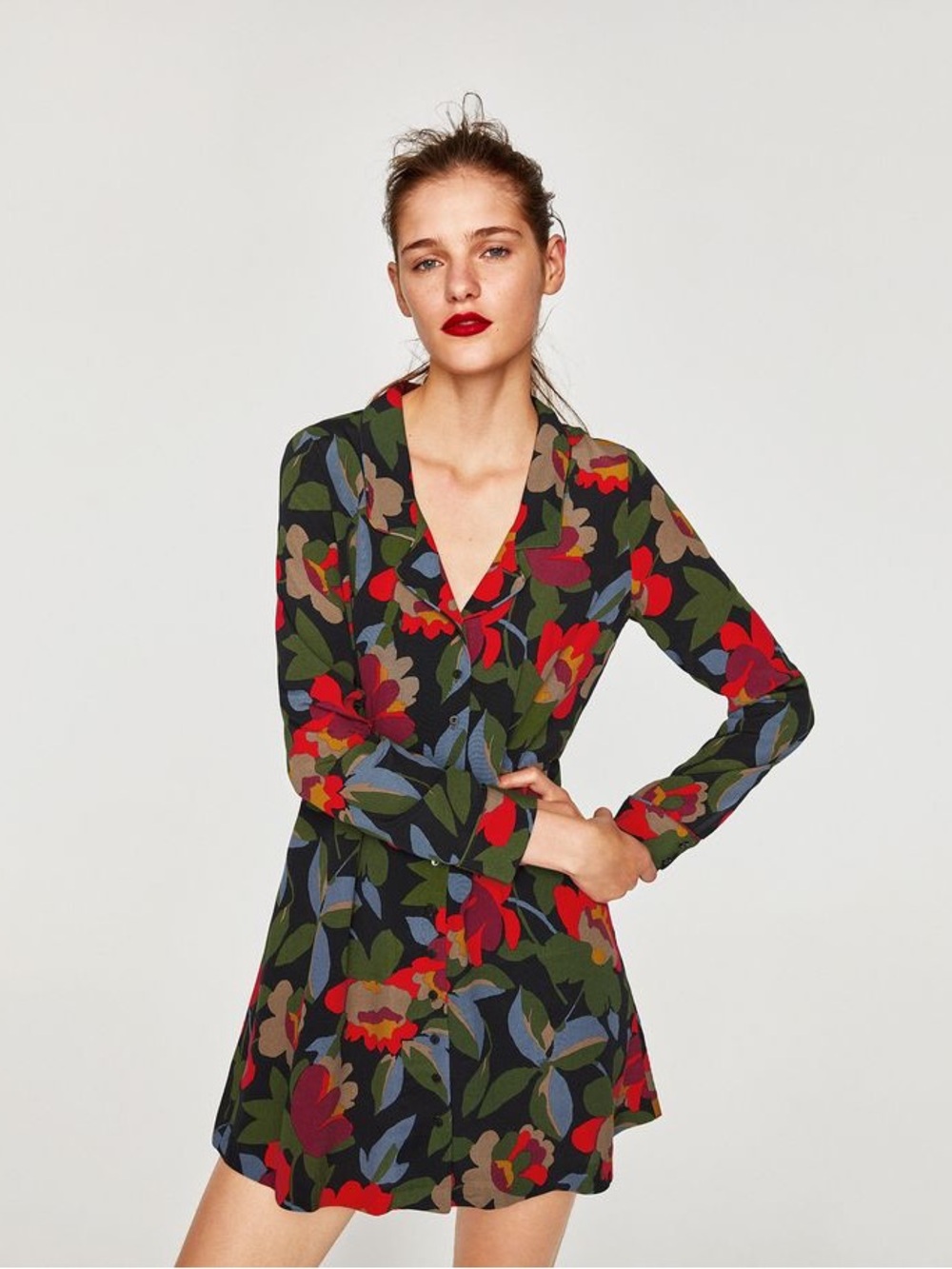 Zara Trafaluc Floral Button Front Mini Shirt Dress Black Red M NWT